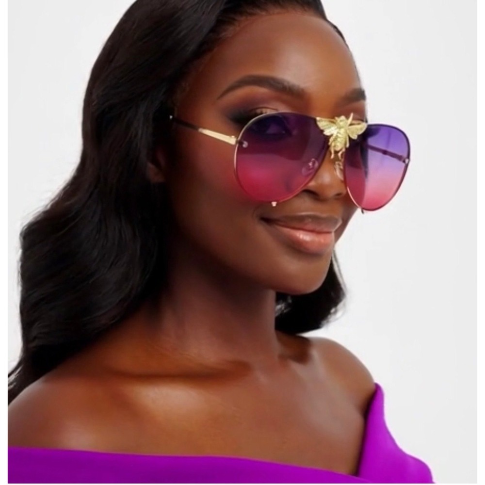 Women Sunglasses Bee Accents Fashion Purple Pink Lens Gold‎ Trendy Designer New
